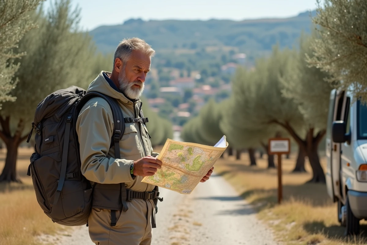 Homme seul avec carte devant un van dans un oliveraie en Italie