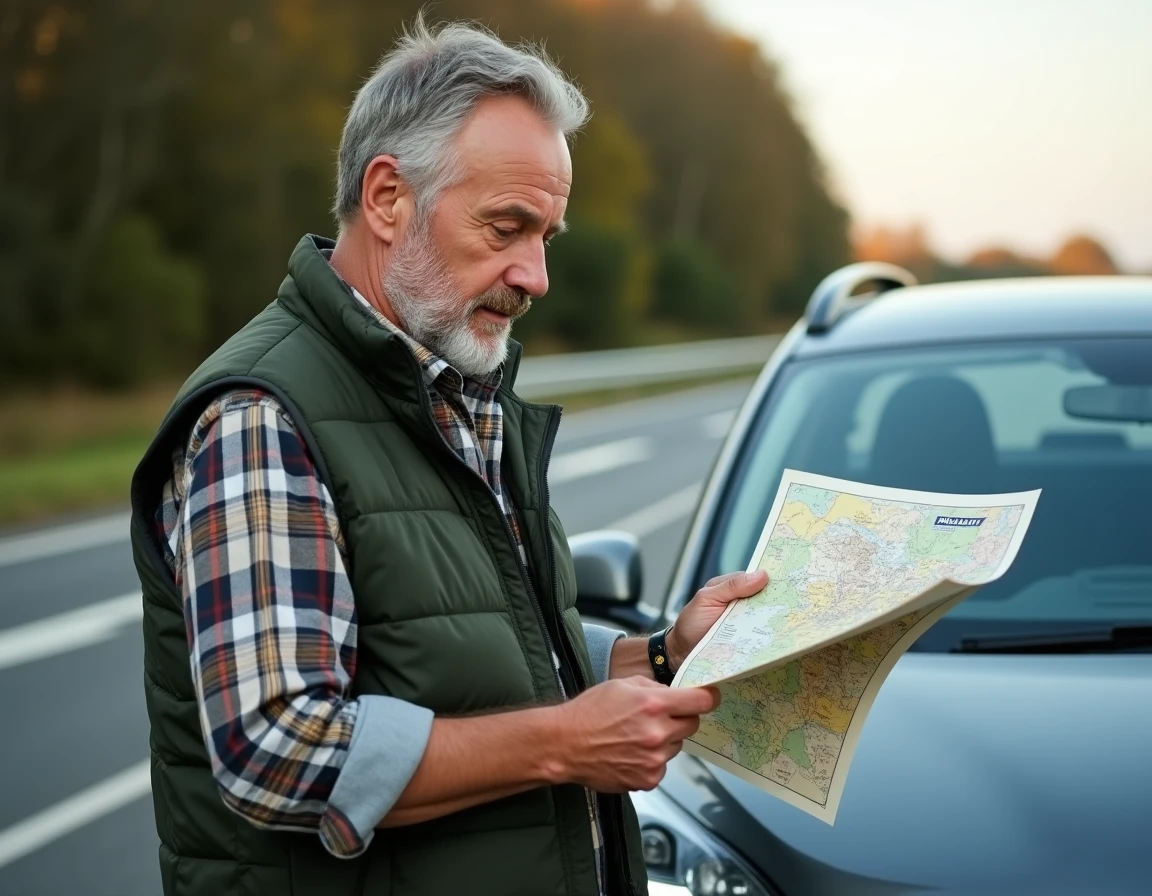 Homme consultant une carte Michelin papier dépliée sur le capot de sa voiture dans une aire de repos autoroutière