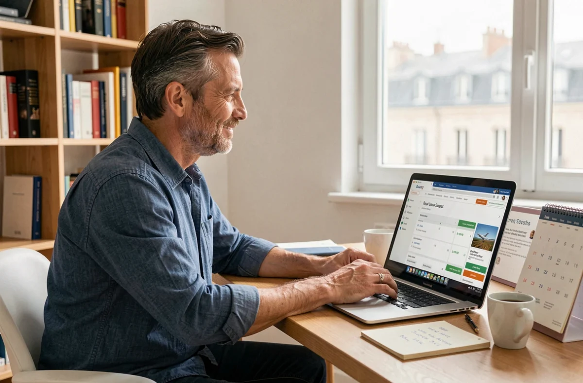Homme comparant les prix des vols Lyon République Dominicaine sur un ordinateur portable depuis son bureau à domicile