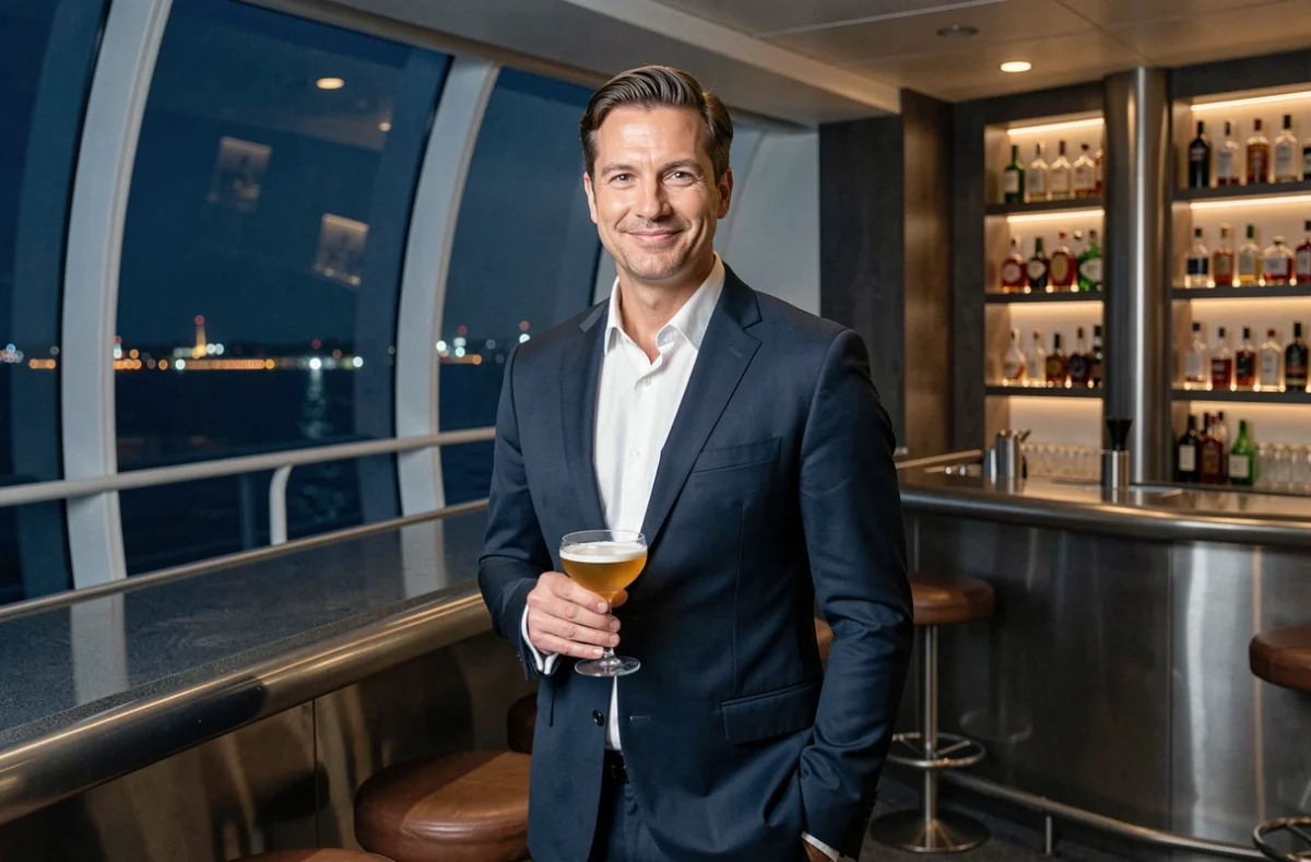 Homme en costume bleu marine au bar panoramique d'un navire de croisière MSC avec vue sur la mer