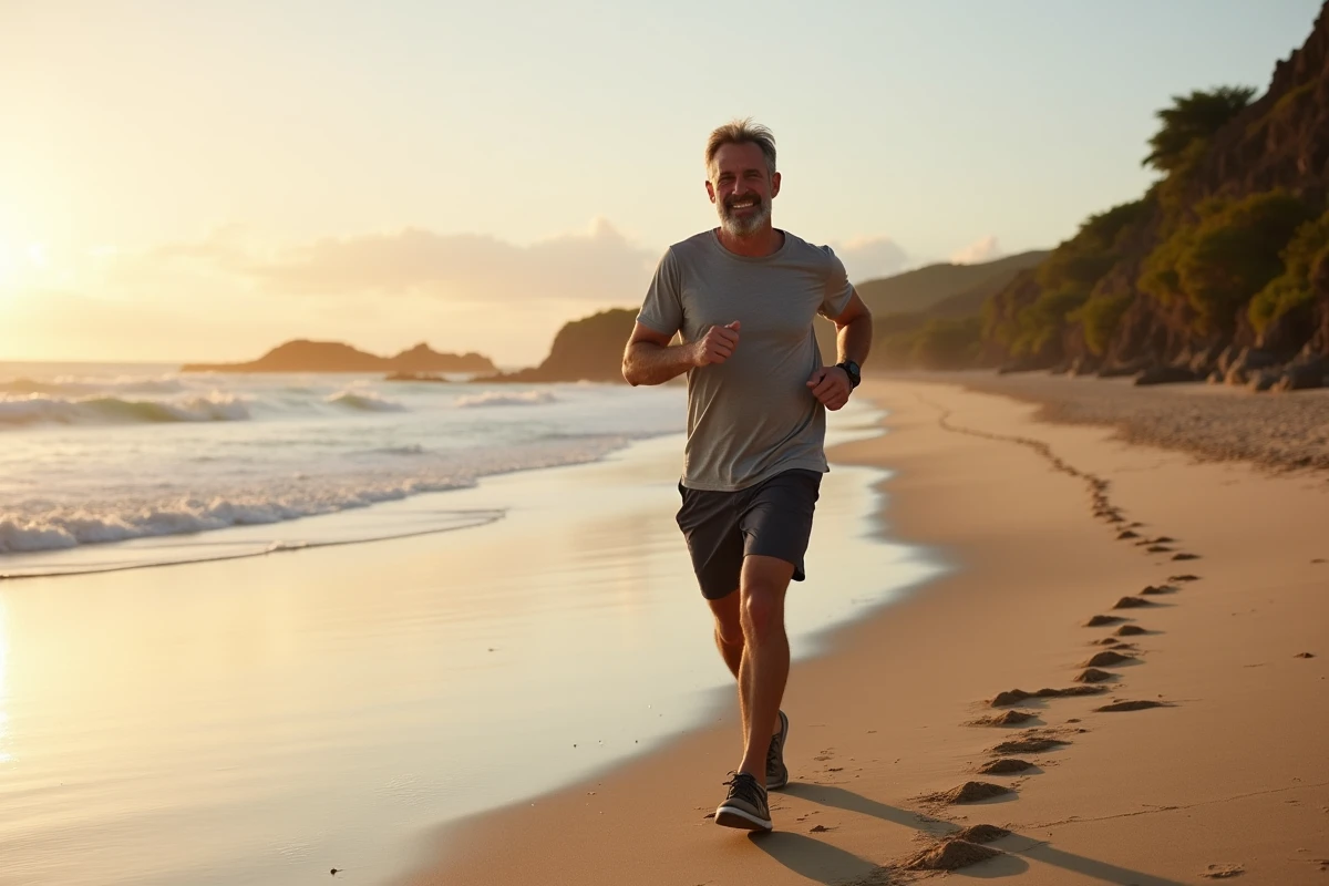 Homme courant sur la plage au lever du soleil