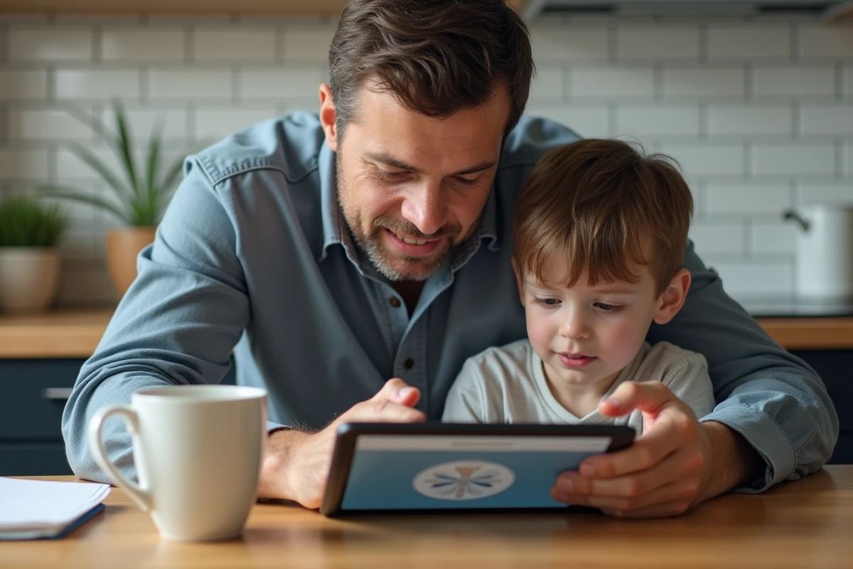 Homme et enfant découvrant le site Libreetloin à la table de cuisine