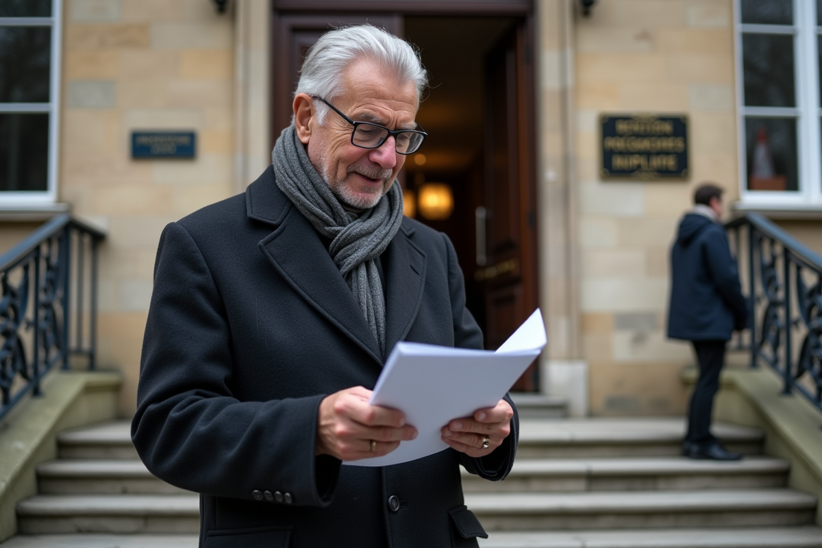 Homme âgé vérifie ses documents devant la préfecture