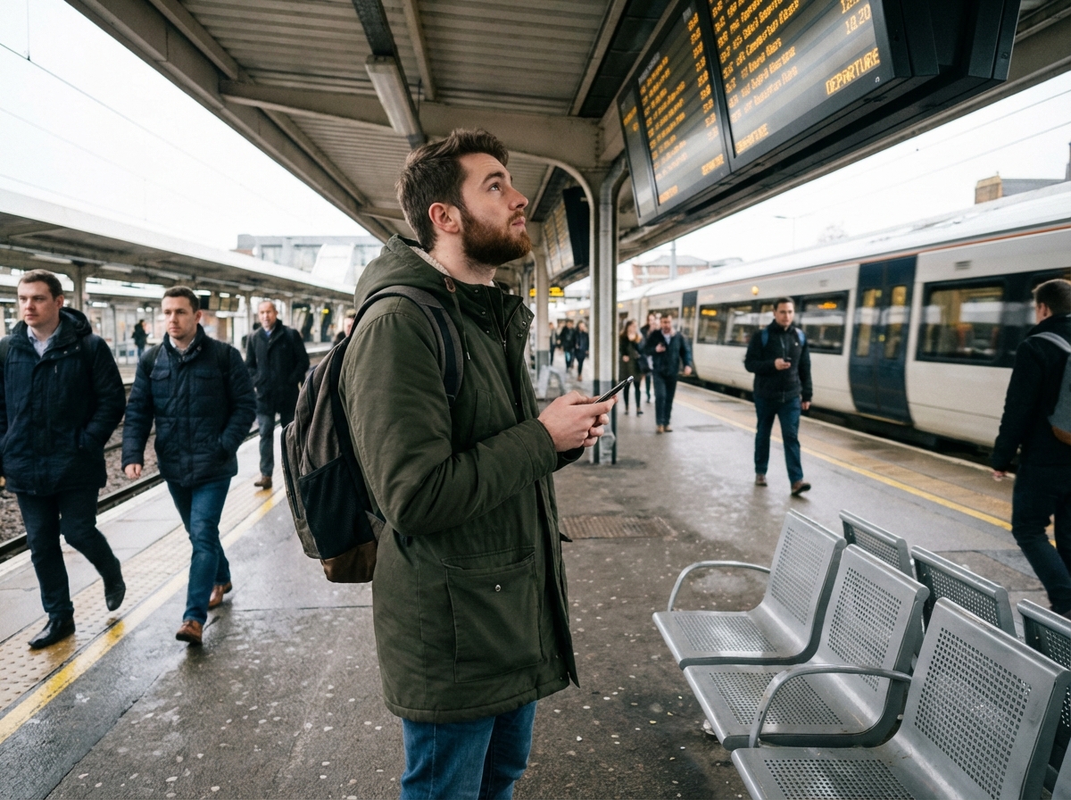 Homme avec sac à dos vérifie ses voyages à la gare