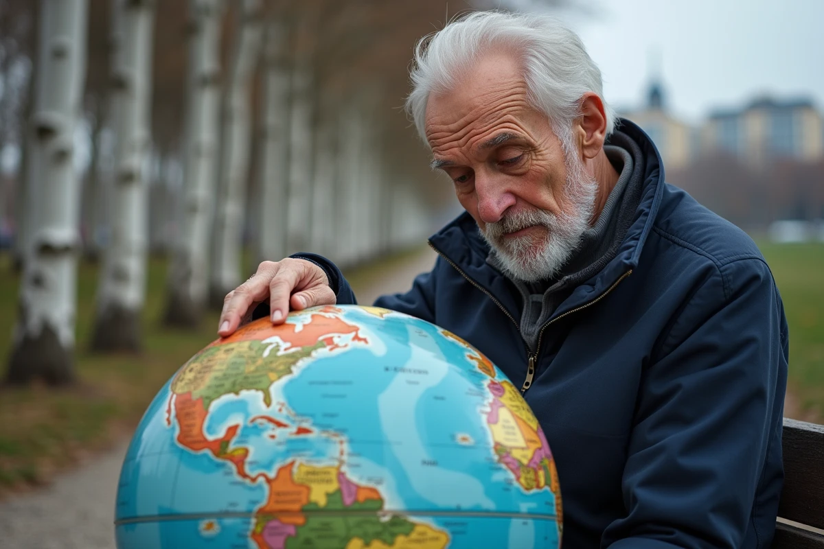 Homme âgé examinant un globe en plein air près de birch