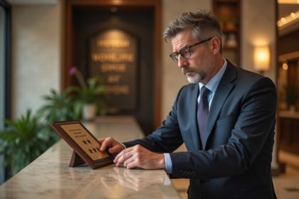 Homme d'affaires examinant une plaque d'étoiles d'hôtel dans un lobby élégant