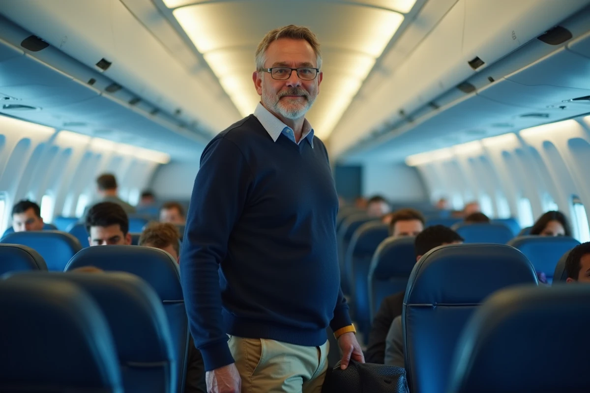 Homme rangeant un jump valise cabine compact dans le compartiment supérieur d'un avion dans un aéroport international