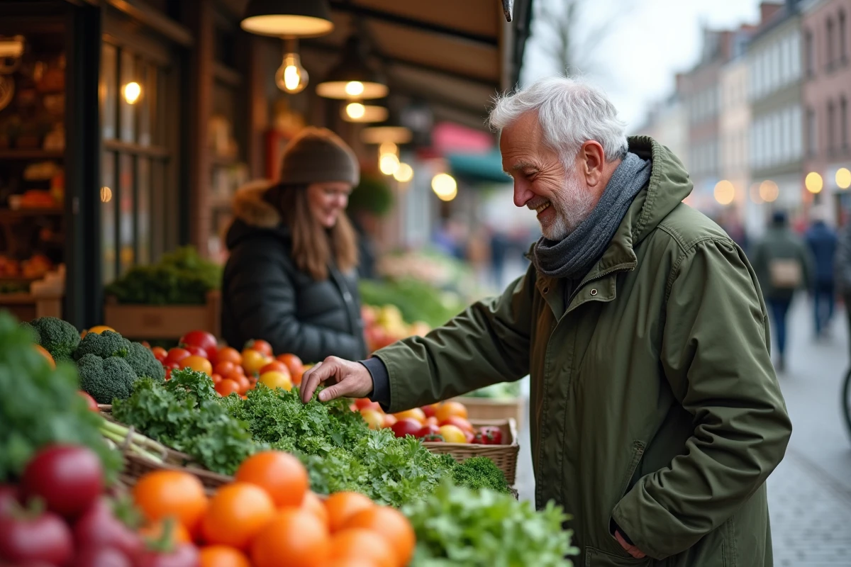 Homme âgé achetant légumes bio au marché de Leuven