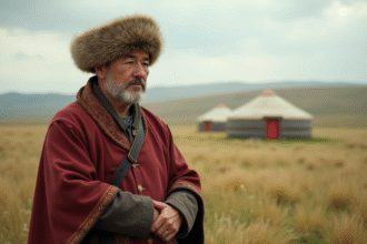 Homme mongol en deel dans la steppe avec yurts