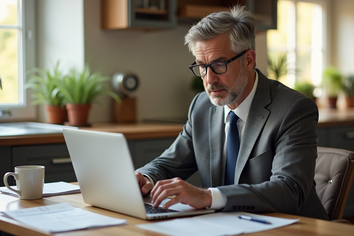 Homme à la maison remplit un formulaire de renouvellement de passeport