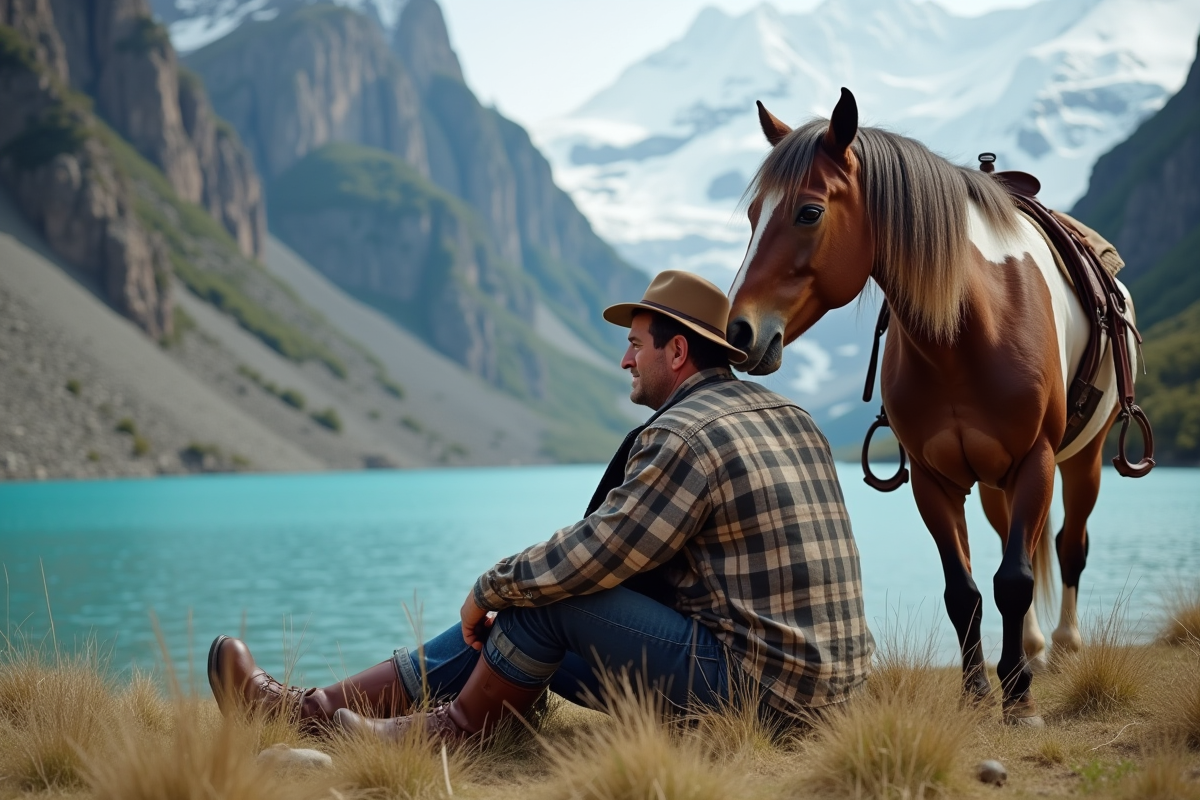 Homme à la barbe bronzée reposant avec son cheval au bord du lac