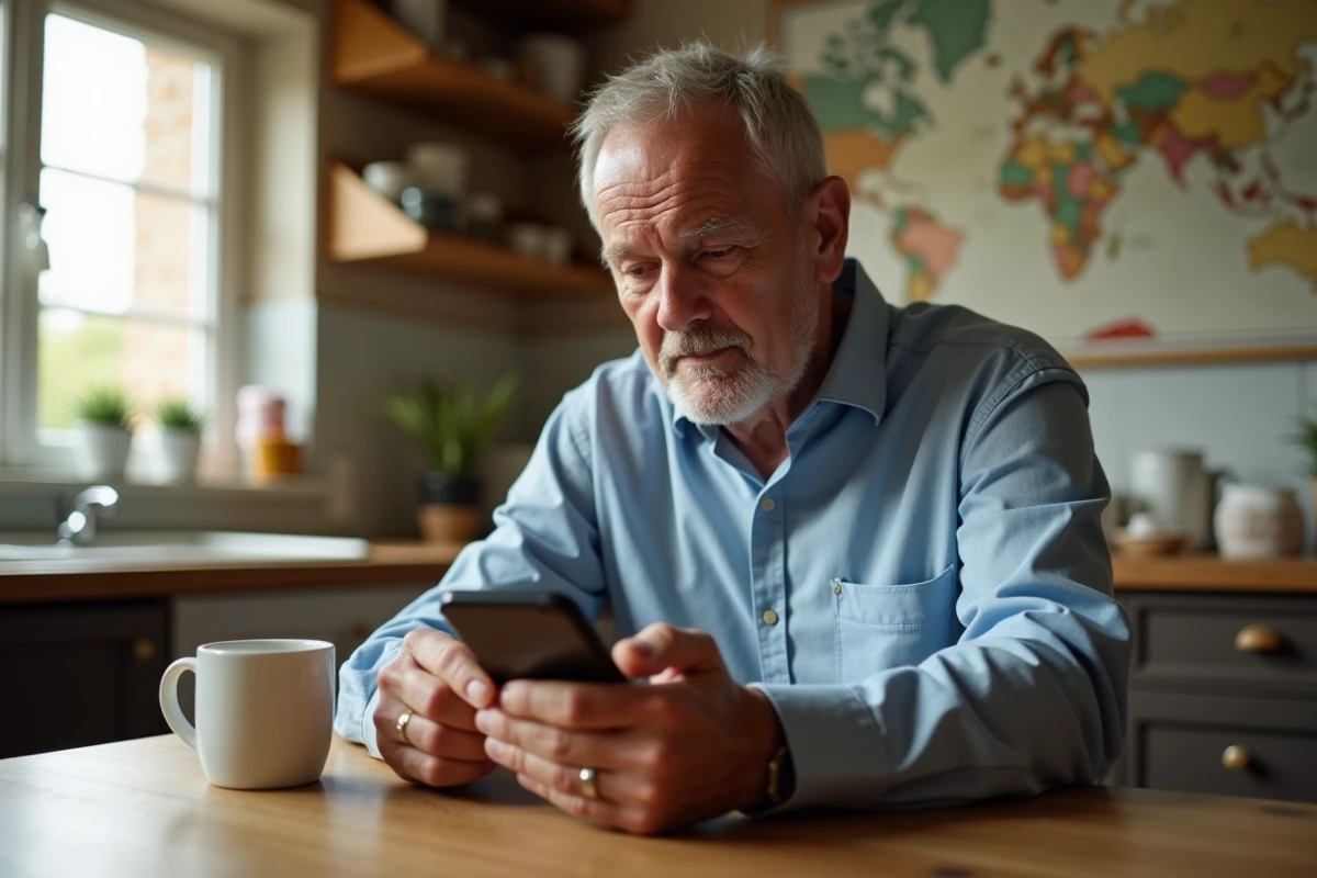 Homme âgé ajustant ses paramètres de navigation sur smartphone