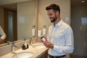Homme souriant dans un hotel moderne avec produits de toilette