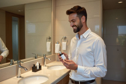 Homme souriant dans un hotel moderne avec produits de toilette