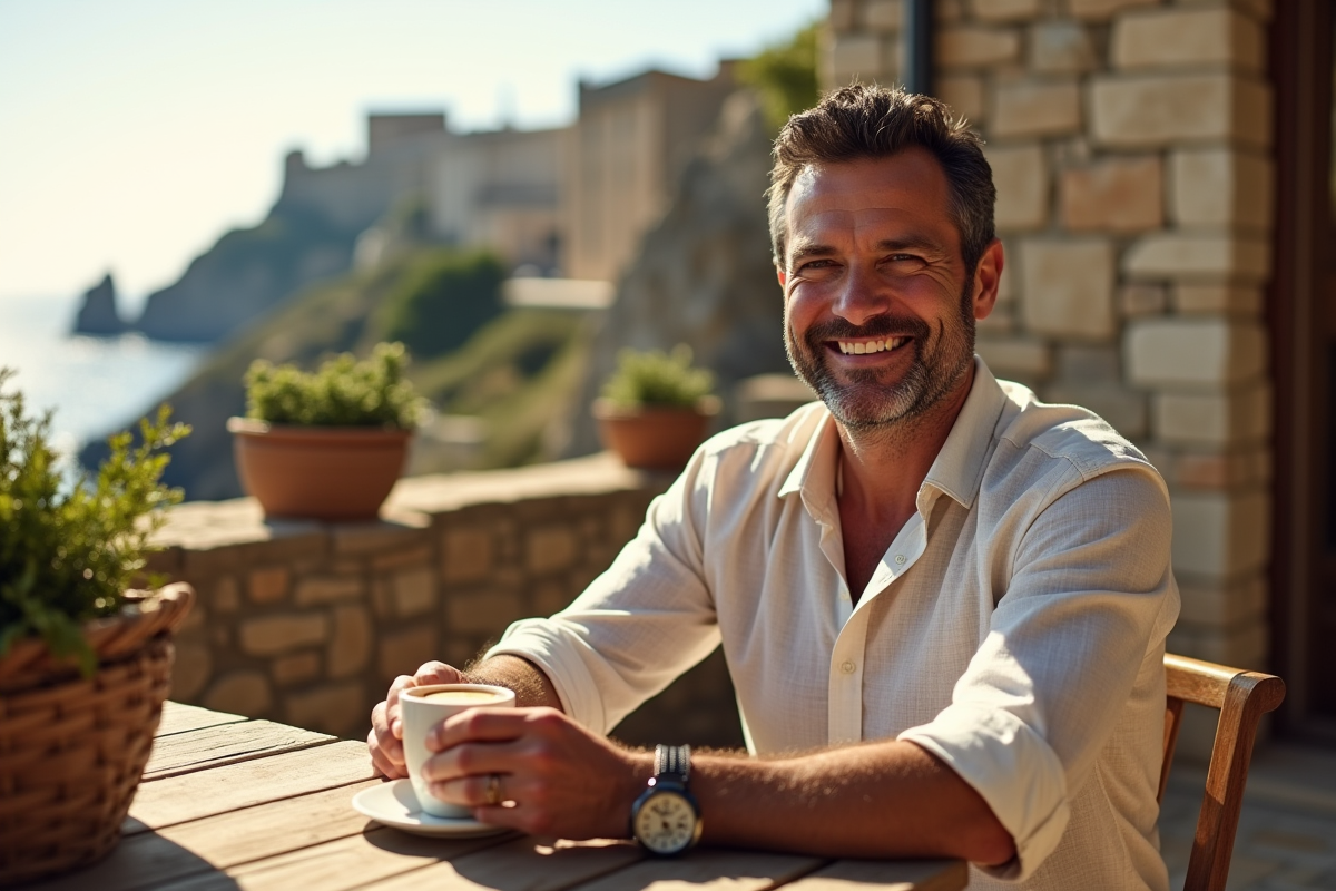 Homme détendu sur une terrasse avec vue sur la citadelle de Calvi