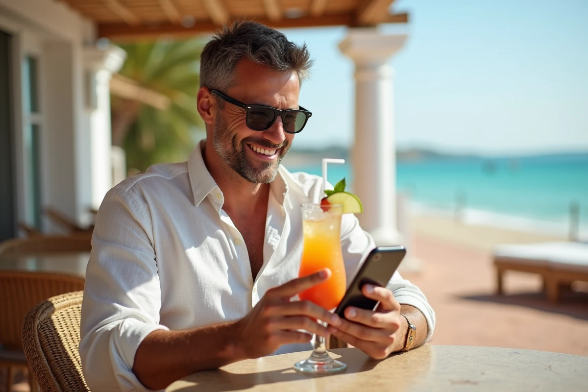 Homme en terrasse de bar de plage consultant une application de voyages de dernière minute