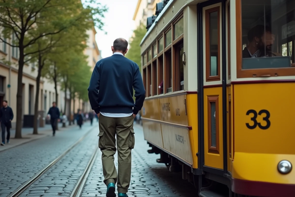 Homme descendant d'un tram vintage jaune dans le quartier Vinohrady à Prague sur des pavés anciens