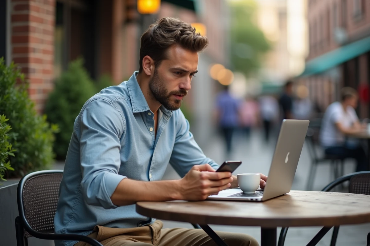 Jeune homme travaillant en extérieur dans un café urbain
