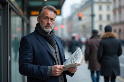Homme d'âge moyen en costume regardant la presse urbaine