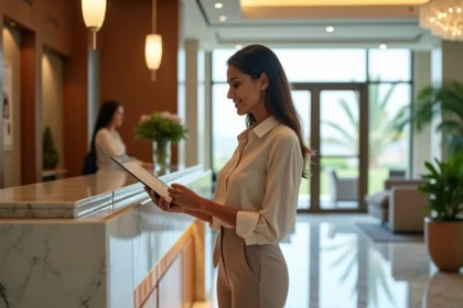 Femme élégante dans un hall d'hôtel luxe avec itinéraire personnalisé