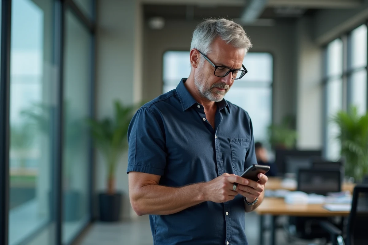 Homme en bureau composant l'indicatif international 0039 sur son mobile pour joindre un correspondant en Italie