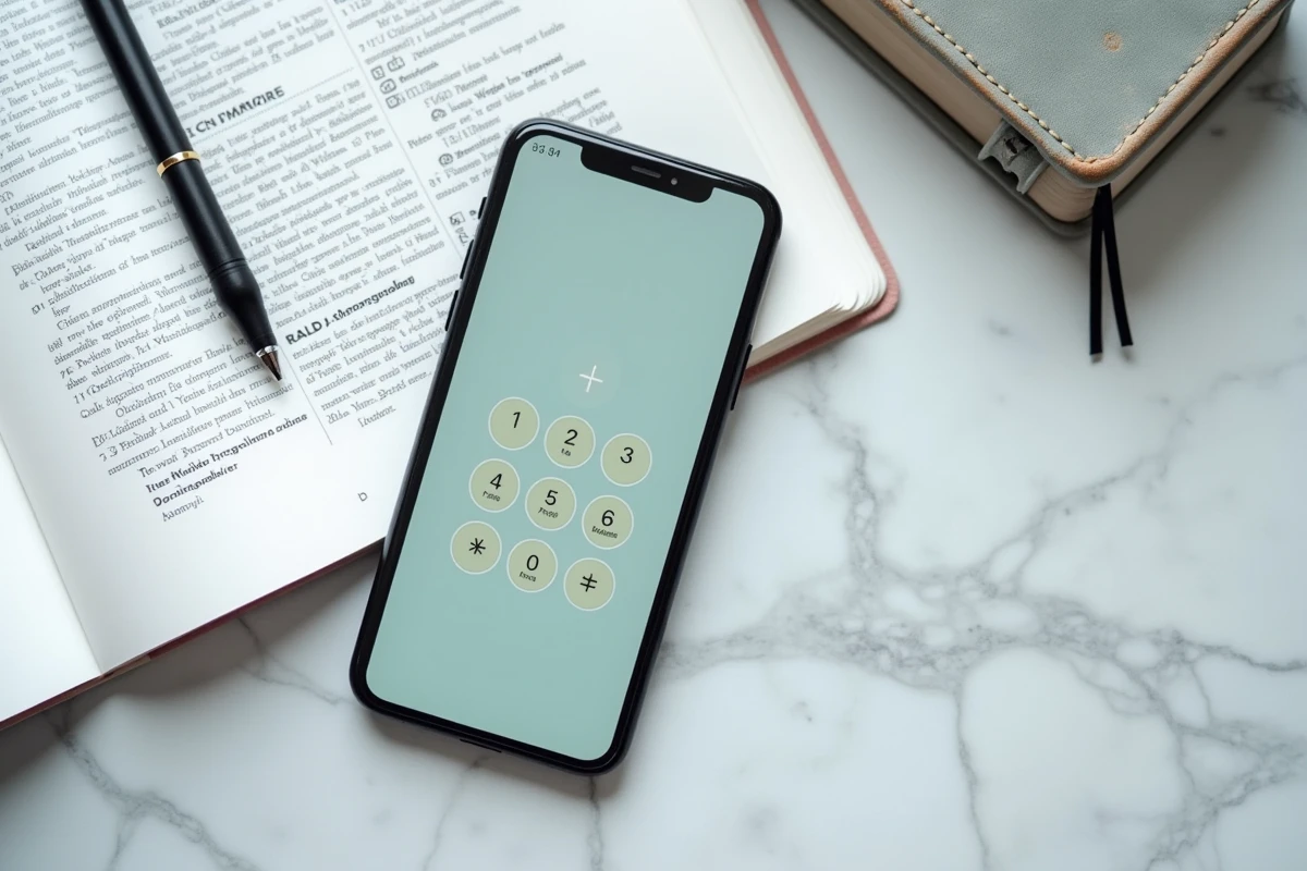 Vue de dessus d'un smartphone affichant l'indicatif téléphonique +39 de l'Italie posé sur une surface en marbre avec des documents de voyage