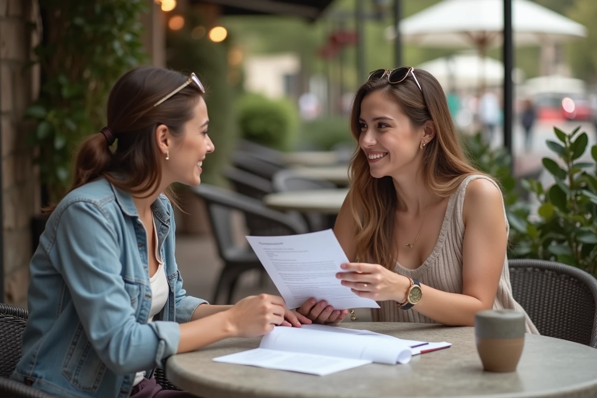 Influenceuse voyage discutant avec un représentant tourisme au café