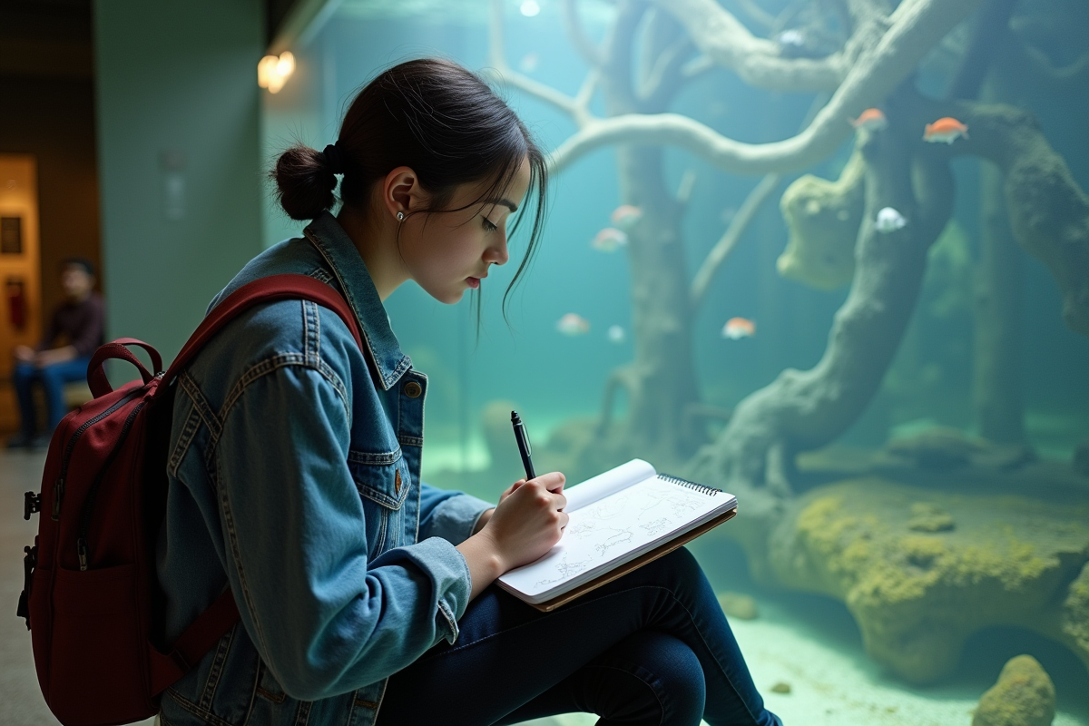 Etudiant en dessin près de l’aquarium au Biodome de Montréal