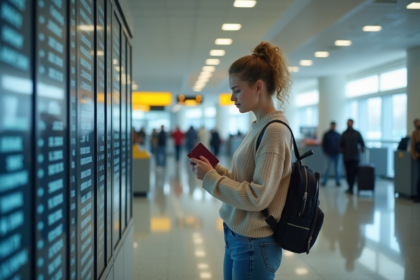 Jeune femme vérifiant son passeport à l'aéroport