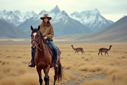 Jeune femme guidant un cheval dans la steppe patagonienne