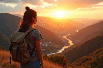 Jeune femme avec sac à dos sur une montagne regardant un paysage