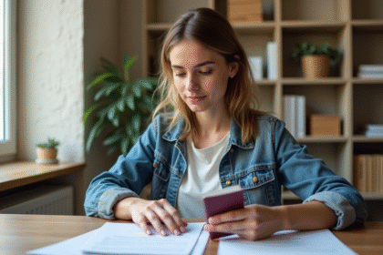 Jeune femme étudie son passeport français à la maison