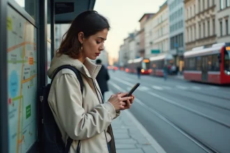 Jeune femme attendant au tram avec son smartphone