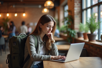 Jeune femme avec sac à dos travaillant dans un hostel moderne