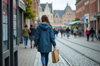 Jeune femme marchant dans Ghent avec sac réutilisable