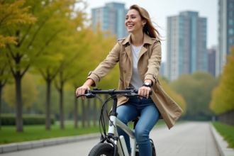 Jeune femme en vélo électrique dans un parc urbain
