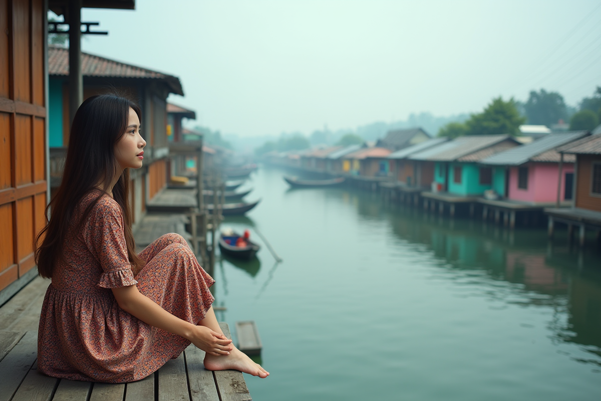 Jeune femme assise sur une veranda en bois au bord du lac avec maisons colorées