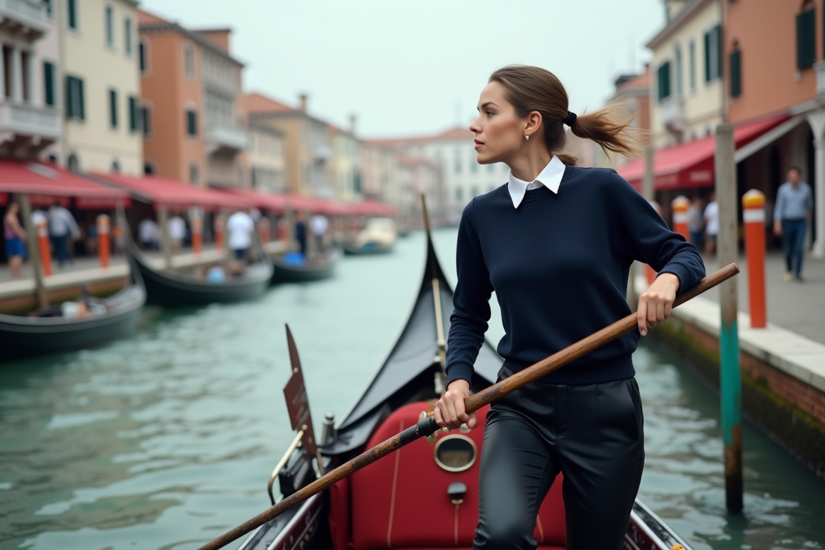 Jeune gondoliere ajustant une gondola animée