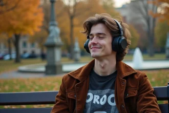 Jeune homme écoute musique dans un parc en automne