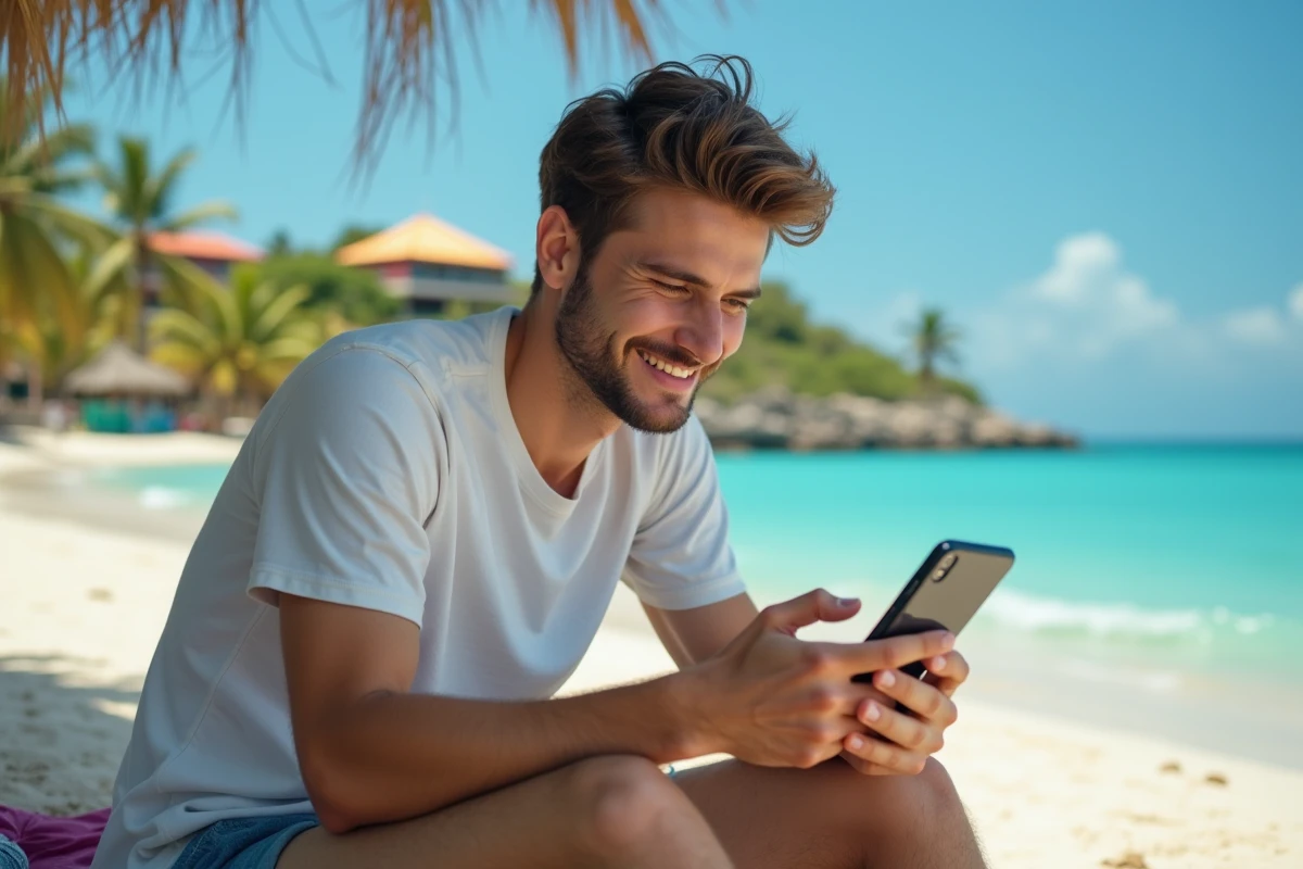 Jeune homme relaxant sur une plage de Martinique avec téléphone