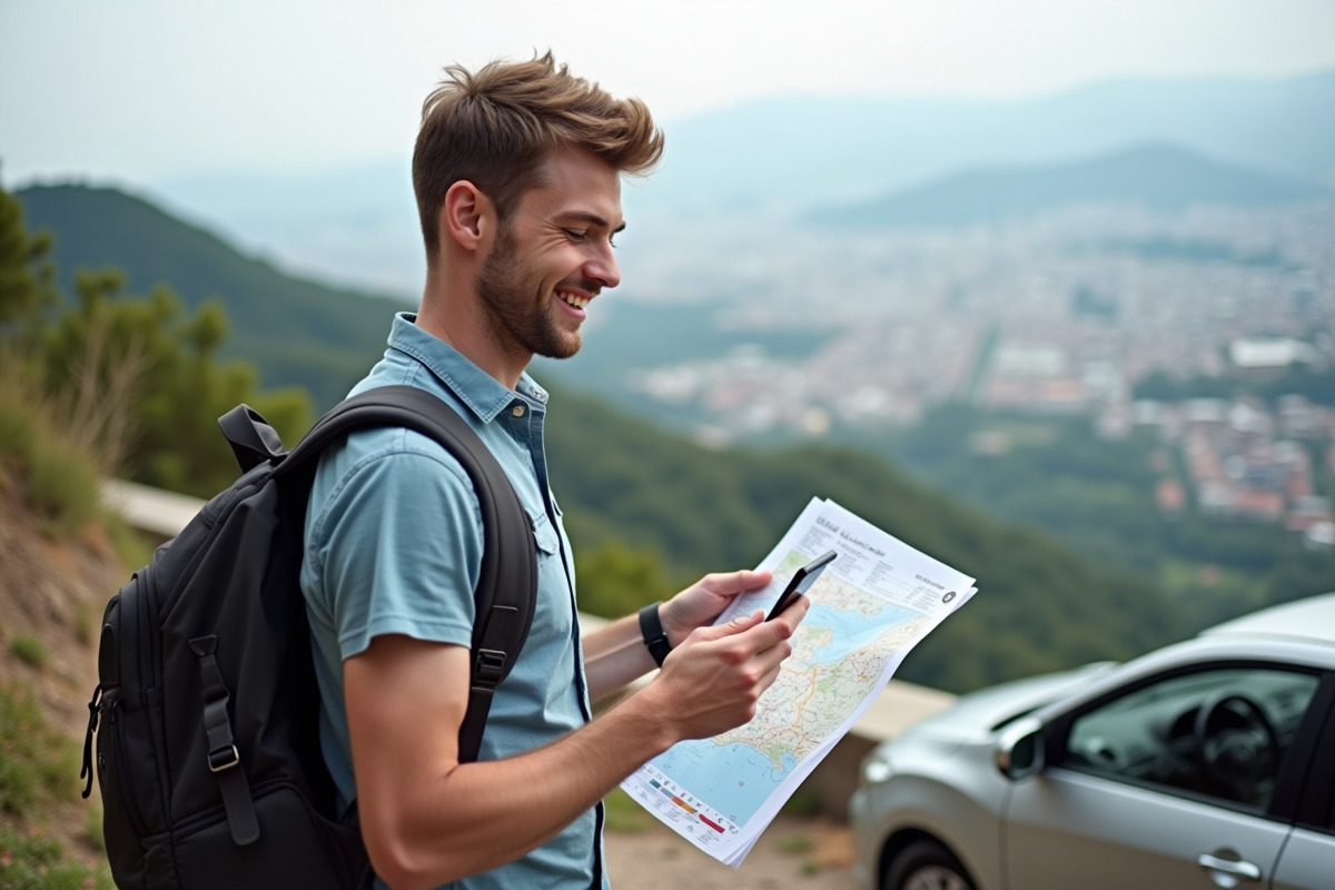 Jeune homme regardant une carte papier avec vue sur la ville