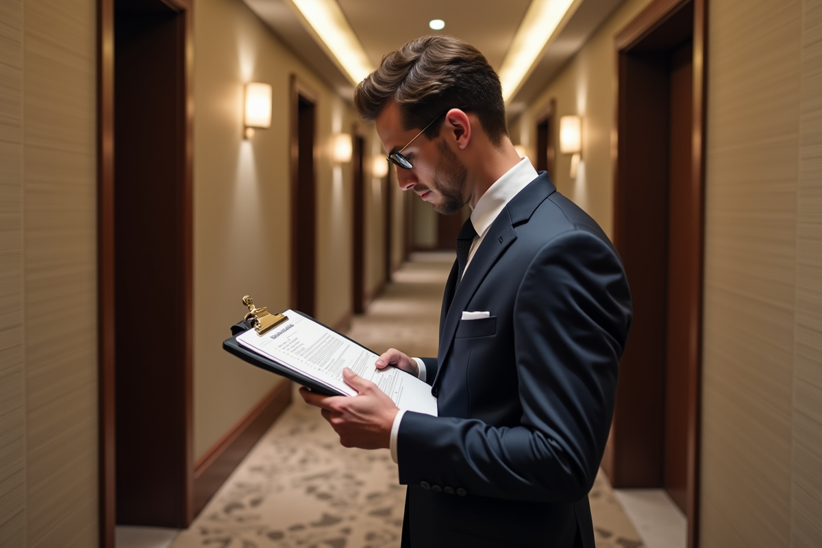 Jeune manager d hotel en costume dans un couloir
