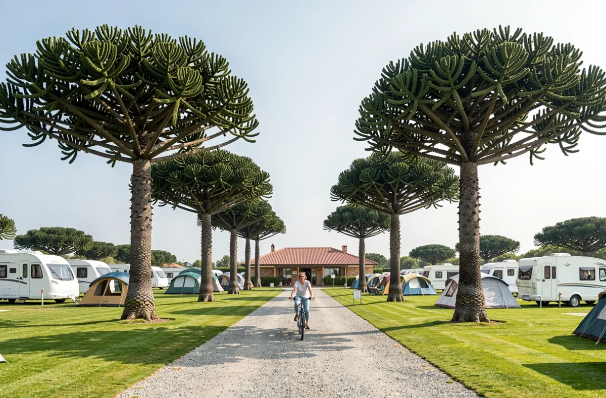 Les Araucarias camping avec les arbres distinctifs en arrière-plan et allée centrale gravillonnée