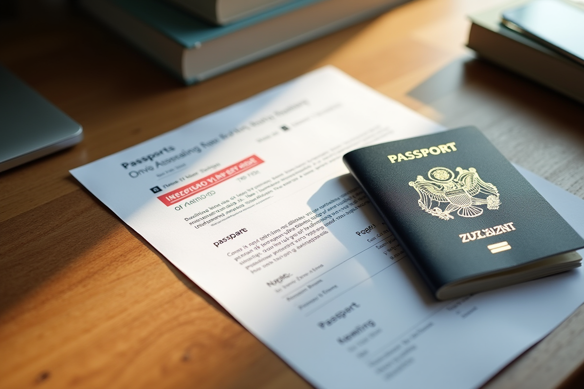 Lettre de rejet de visa sur un bureau en bois avec passeport