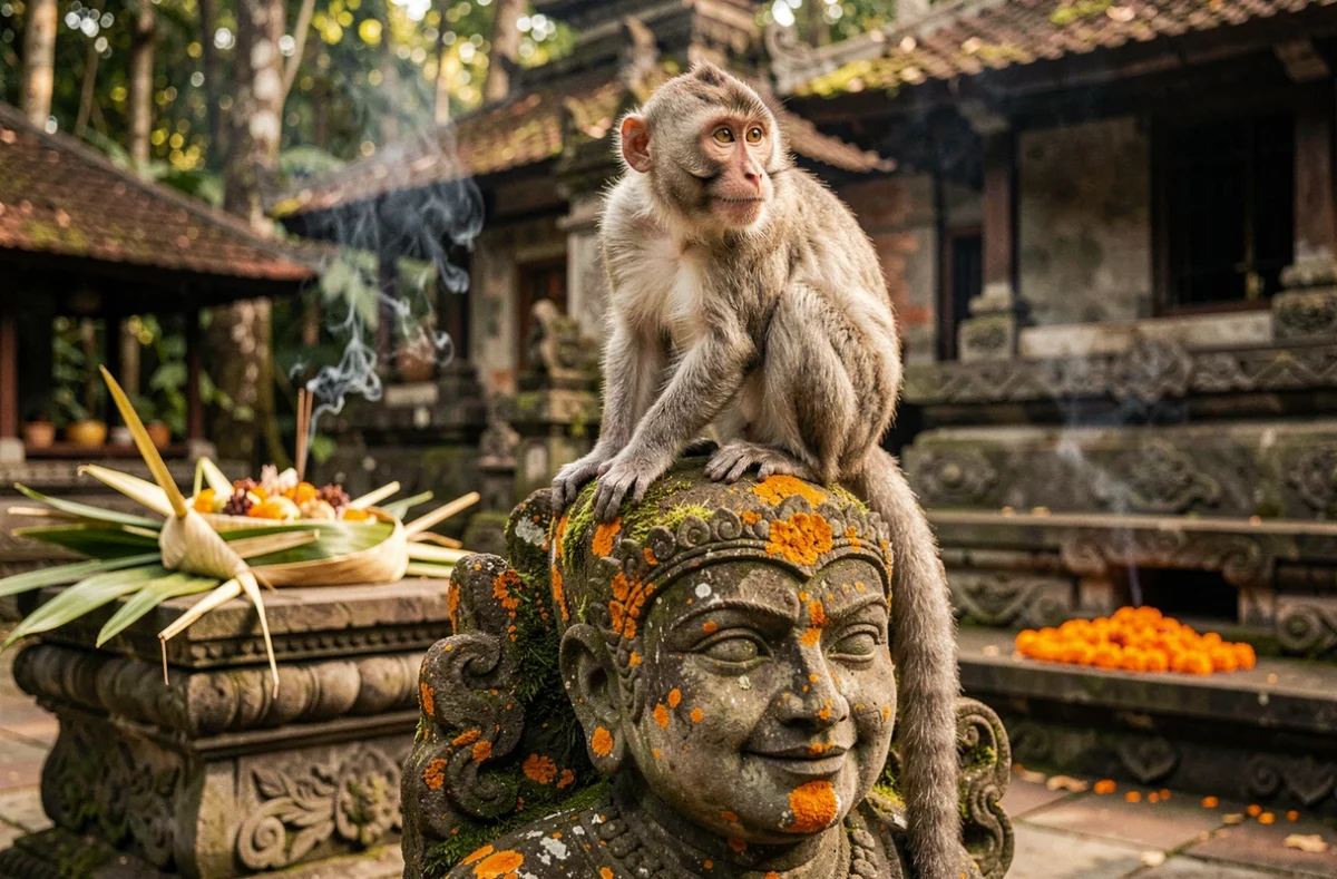 Macaque à longue queue assis seul sur une statue de pierre sculptée envahie de lichen dans l'enceinte sacrée du temple Pura Dalem Agung au Sacred Monkey Forest de Bali