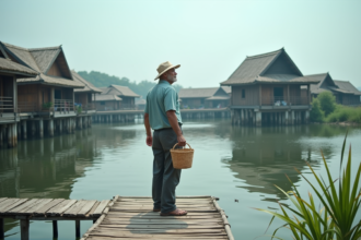 Homme au bord d'une passerelle en bois sur un lac avec maisons sur pilotis