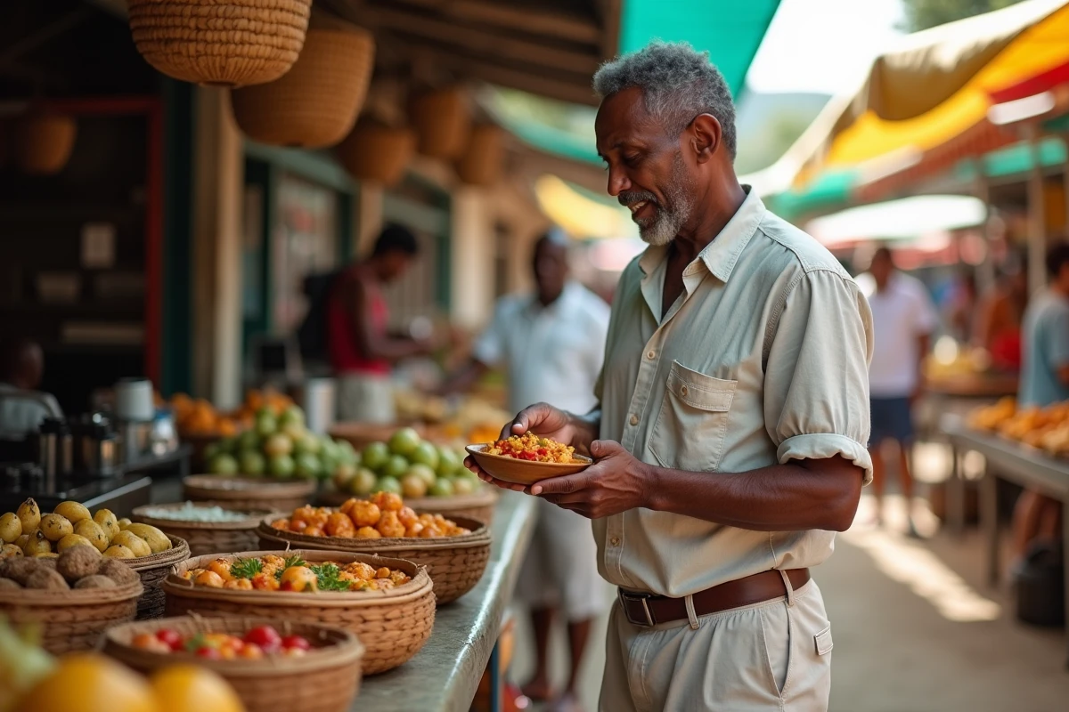 Homme dégustant un plat créole dans un marché local à la Réunion