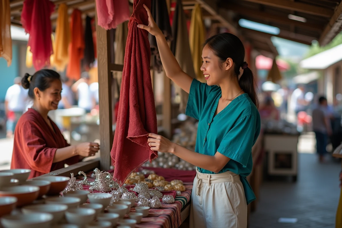 Voyageuse découvrant les étoffes de soie et l'artisanat local sur un marché de Phnom Penh au Cambodge