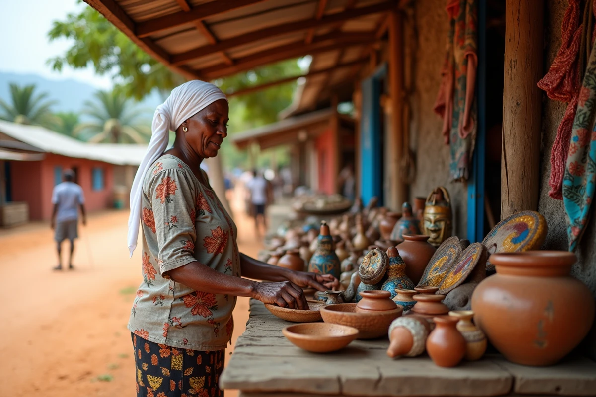 Artisane haïtienne âgée présentant des objets artisanaux colorés sur un marché rural en plein air