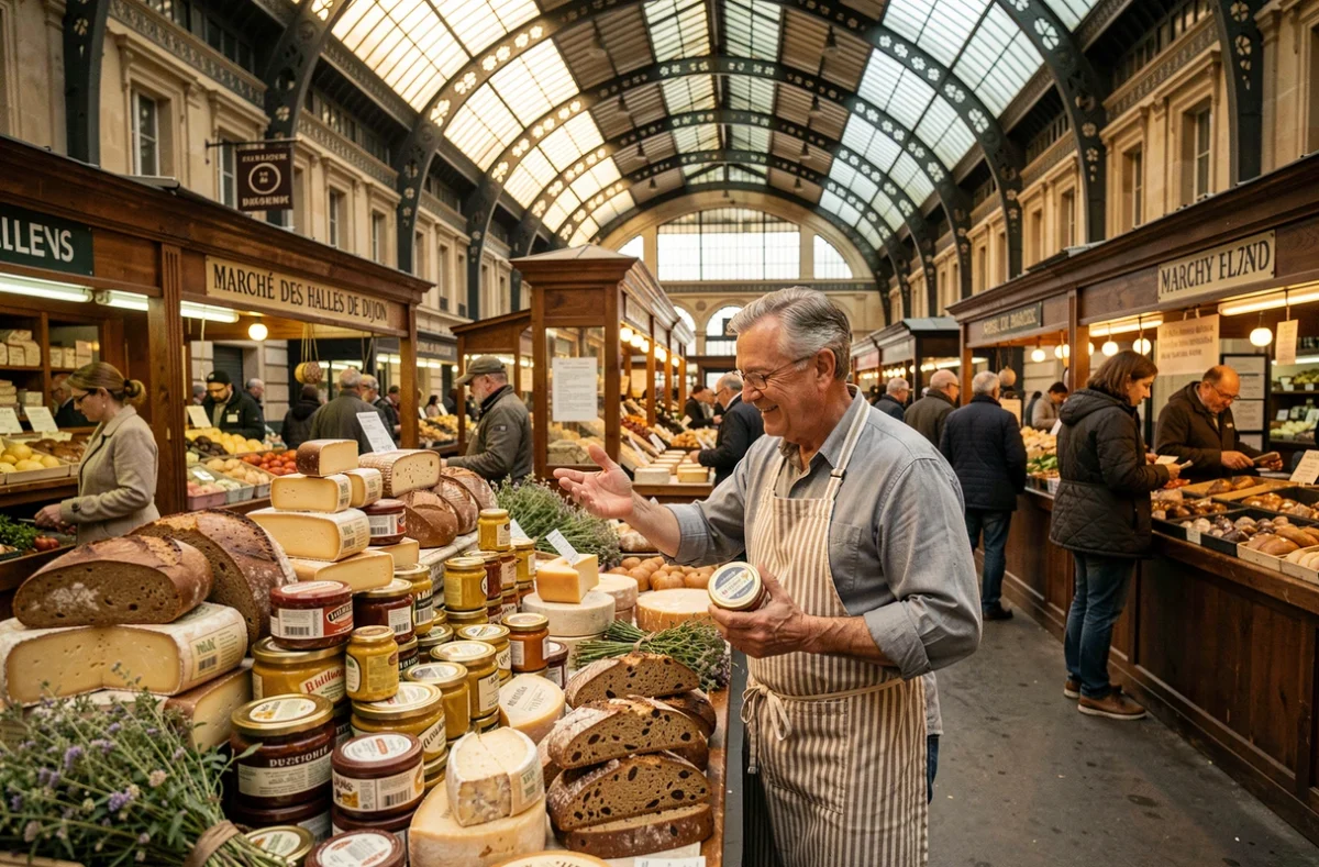 Marché couvert des Halles de Dijon avec des étals de produits régionaux bourguignons et un vendeur souriant